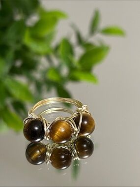 Handcrafted Tiger's Eye Bead Wire-Wrap Ring - Gold Tone